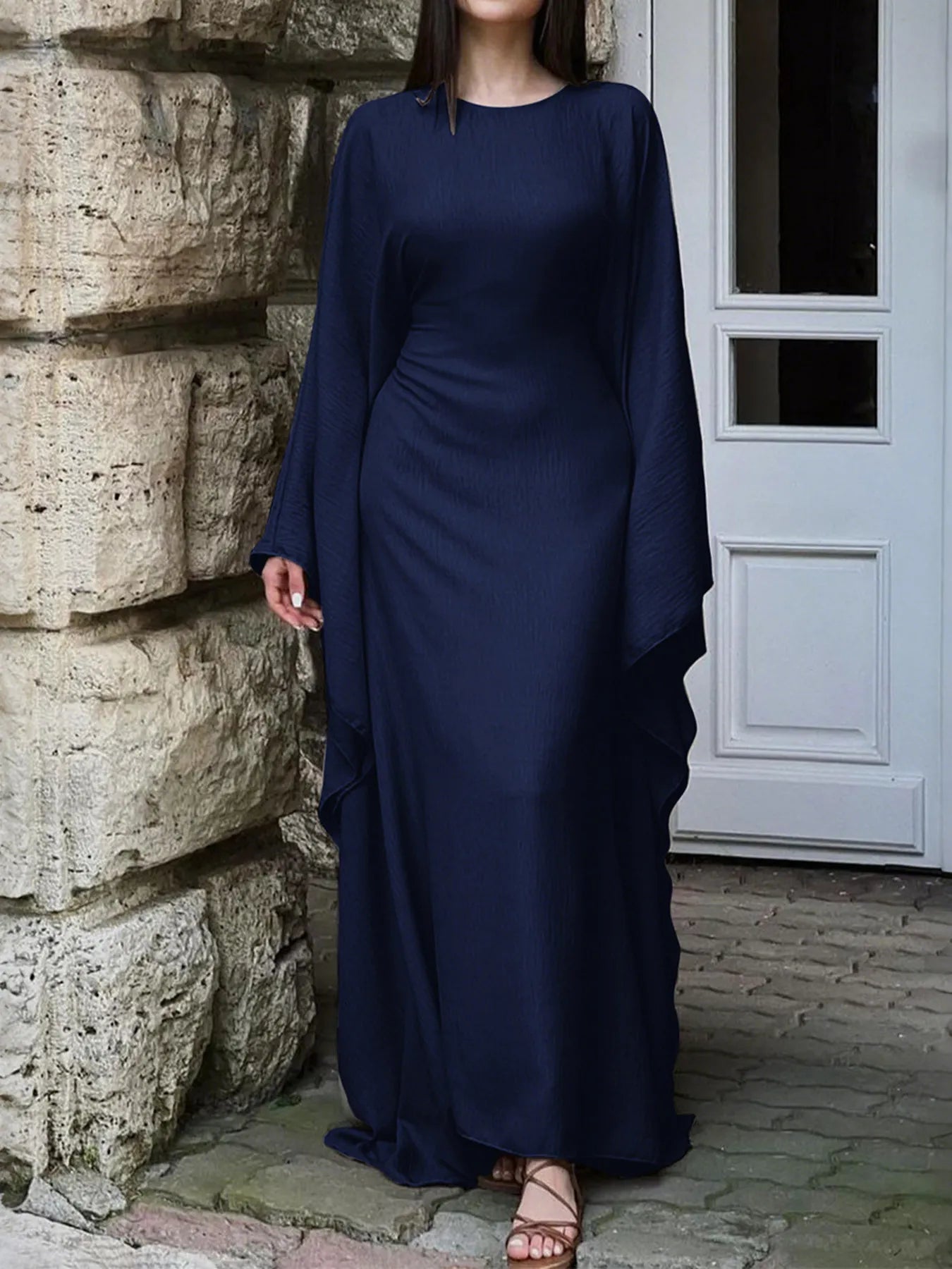 Trendsi navy bohemian maxi dress with cape sleeves floor length flowing fabric and modest neckline