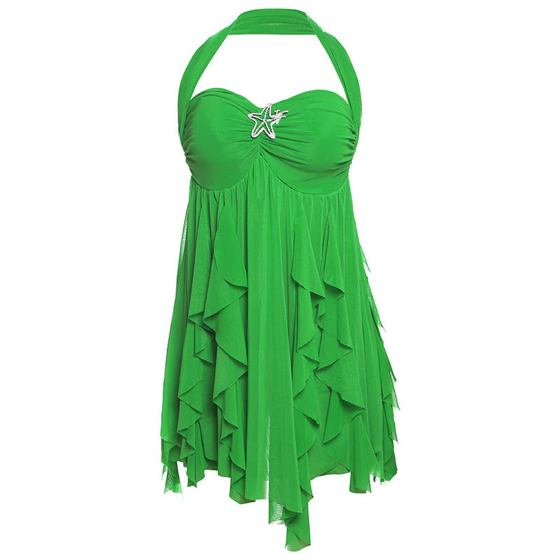 Green Halter Boho Dress for Women with Ruffled Hem and Decorative Star Detail