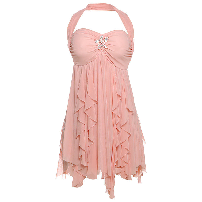 CJ Pink Boho Dress for Women with Ruffled Hem and Sparkling Starfish Accent