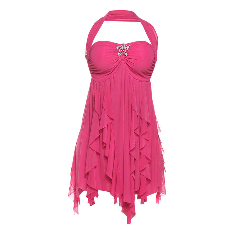 Pink CJ Boho Dress for Women with Ruffled Hem and Halter Neck Design