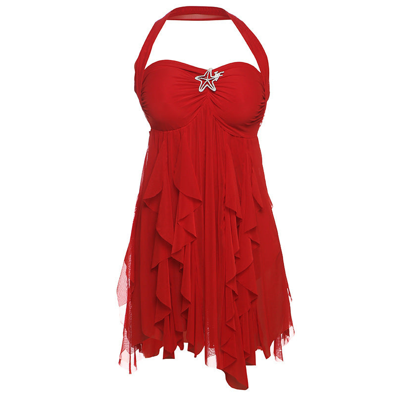 Red Boho Dress for Women with Ruffled Hem and Halter Neck Design