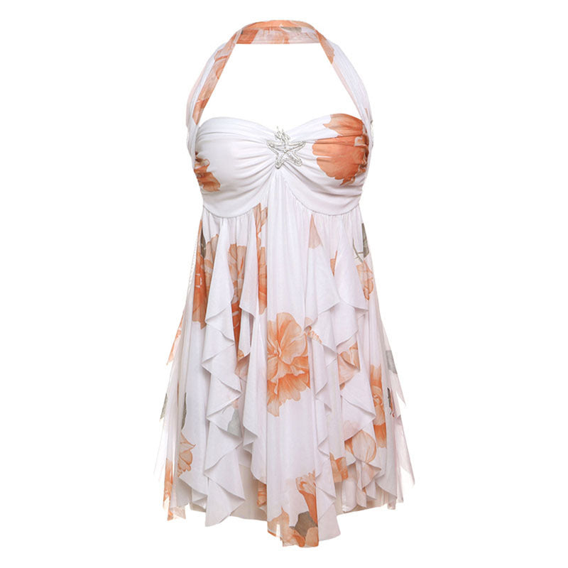 Elegant Boho Dress for Women in White with Floral Design and Ruffled Layers
