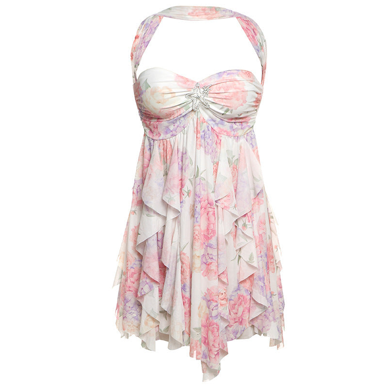 CJ Boho Dress for Women in Floral Design with Ruffled Hem and Halter Neck Style