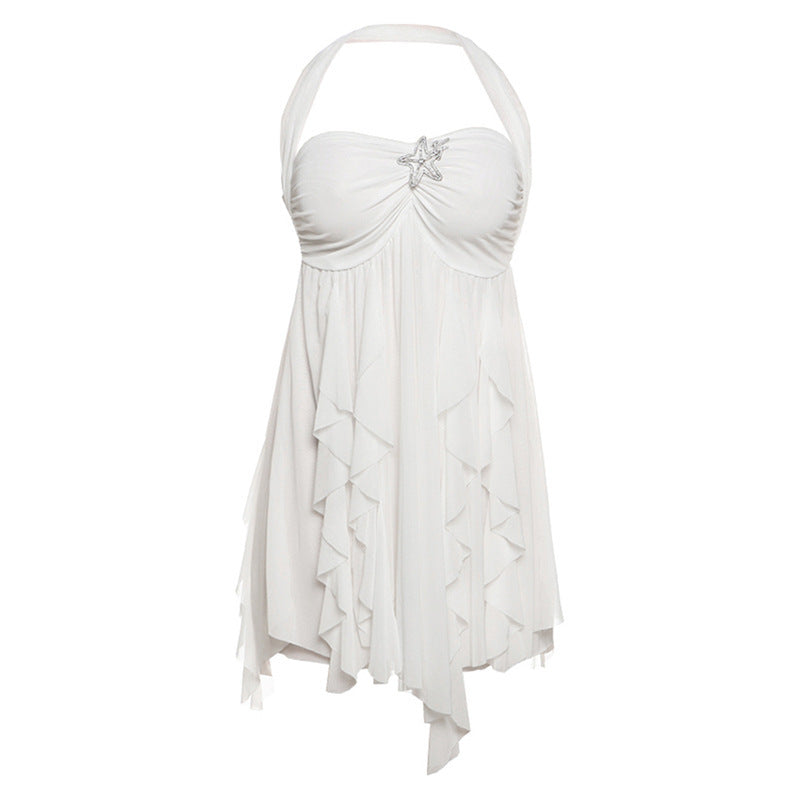 Elegant White Boho Dress for Women with Halter Neck and Ruffled Layered Design