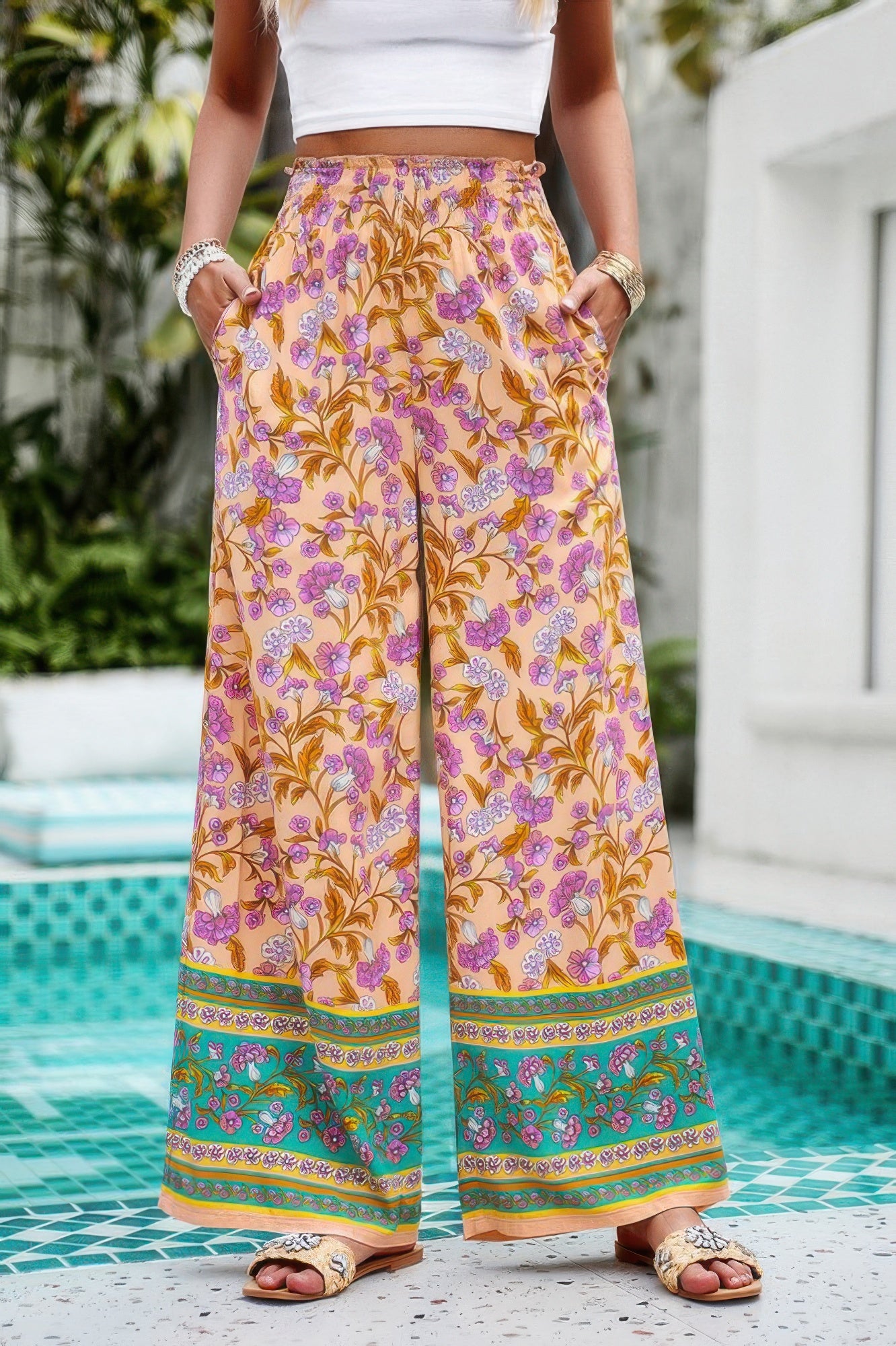 CCWHOLESALECLOTHING floral wide leg pants for women high waisted yellow floral print with green border hem and pockets