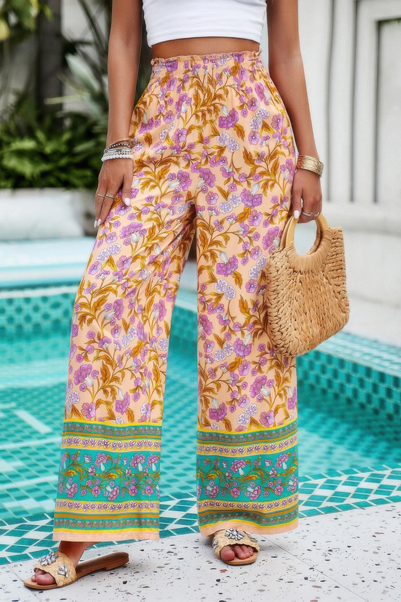 CCWHOLESALECLOTHING floral wide leg pants for women in yellow purple boho print high waist relaxed fit summer resort wear