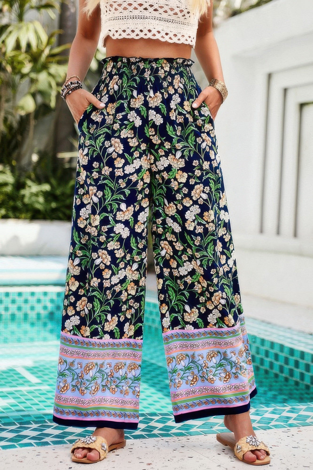 CCWHOLESALECLOTHING floral wide leg pants for women navy floral print with elastic waist pockets and border hem