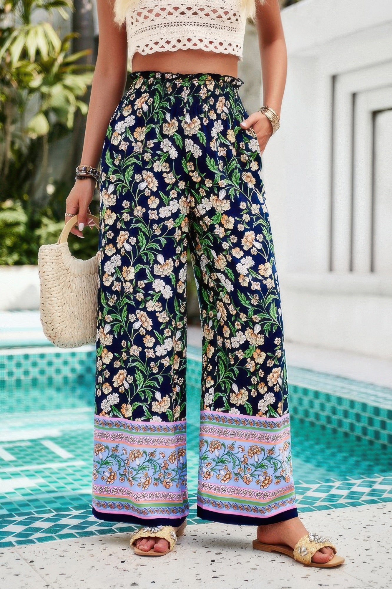 floral wide leg pants for women navy floral print high waist elastic waistband border hem resort wear