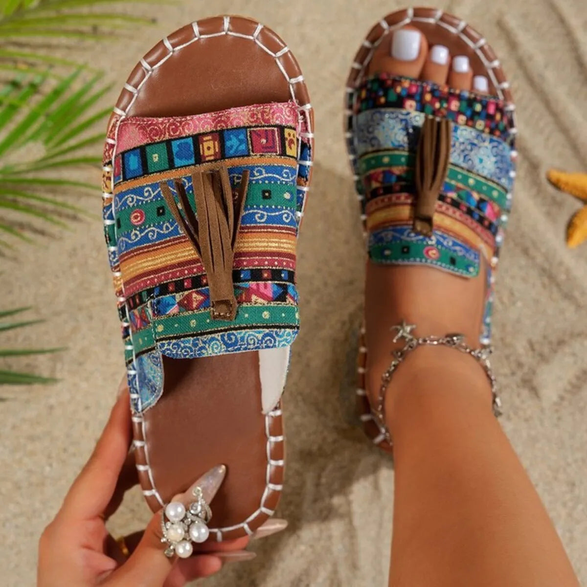 Trendsi Boho Tassel Slide Sandals with colorful patterned fabric and brown leather tassel detail
