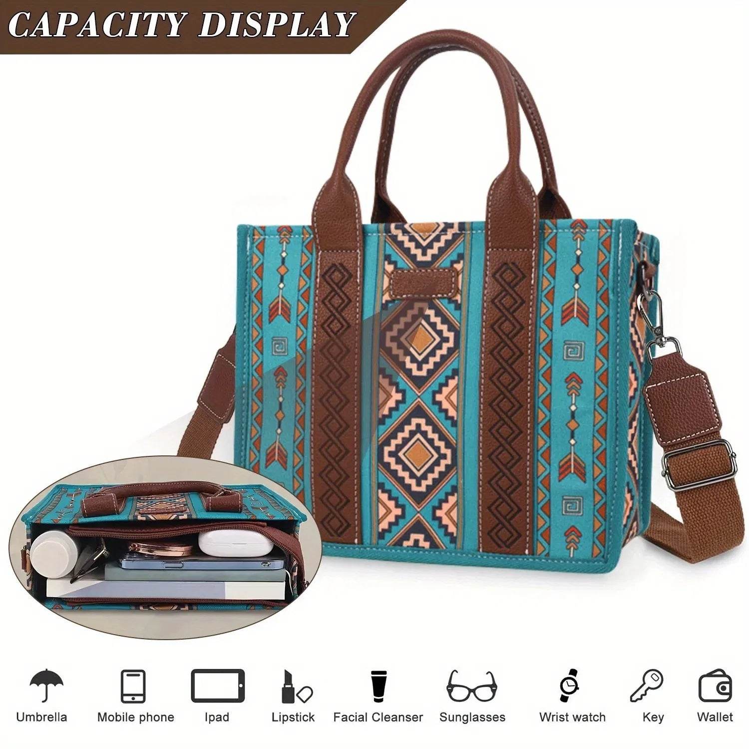 5-Piece Turquoise Aztec Versatile Tote Bag Set - Fashions Envy