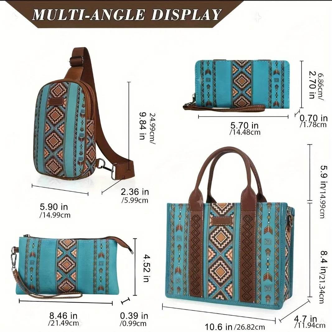 5-Piece Turquoise Aztec Versatile Tote Bag Set - Fashions Envy