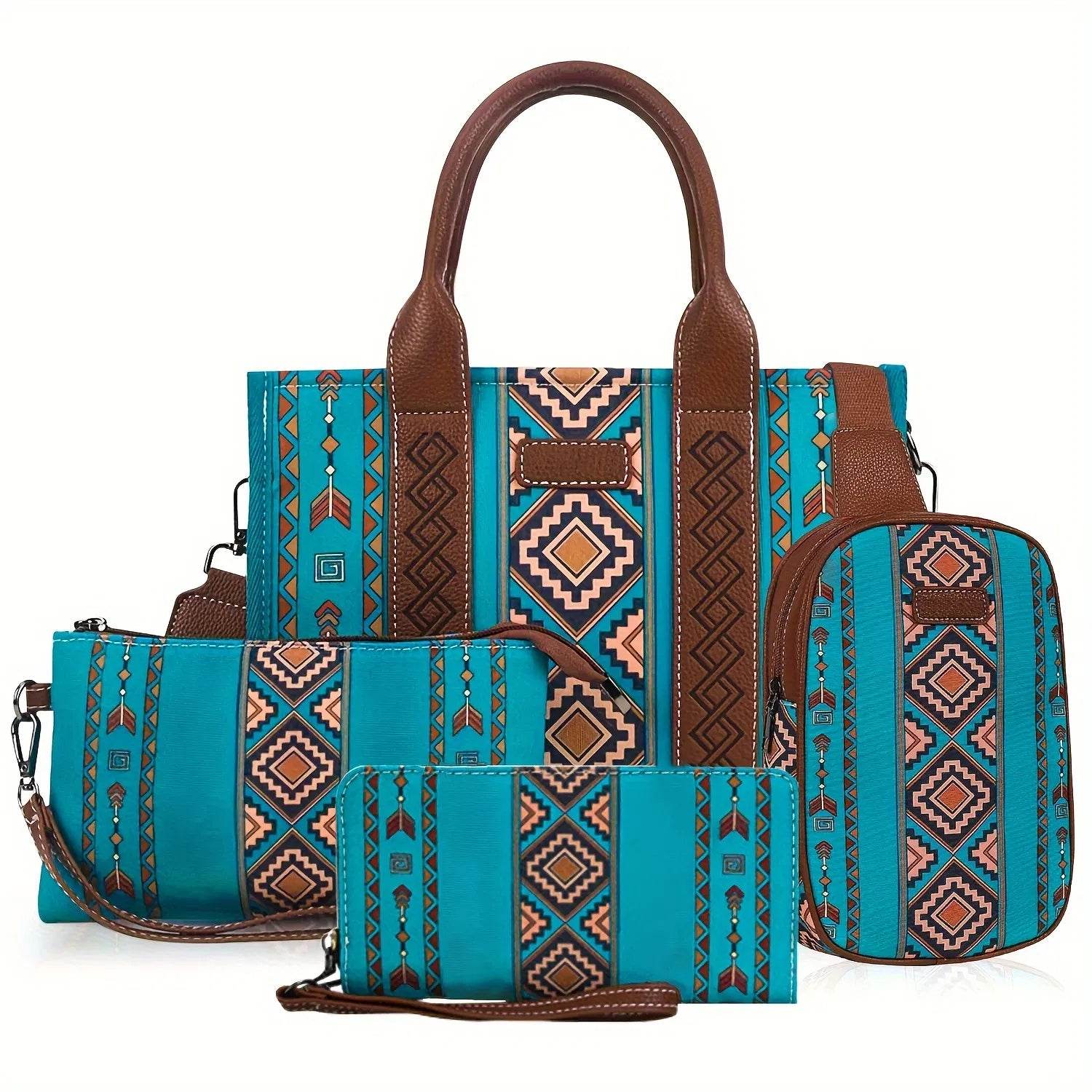 5-Piece Turquoise Aztec Versatile Tote Bag Set - Fashions Envy