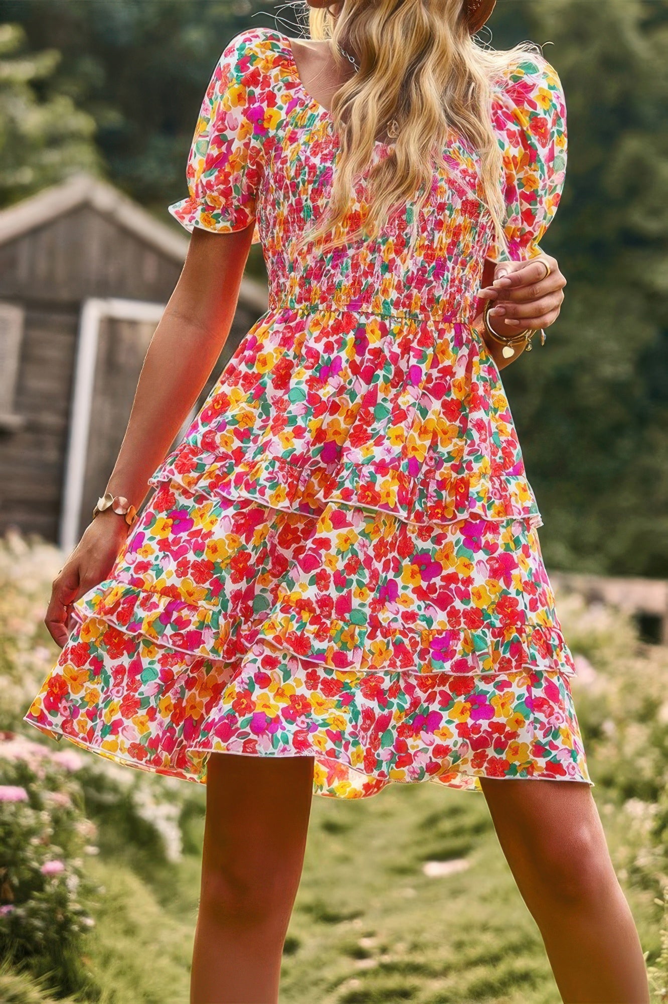 CCWHOLESALECLOTHING colorful tiered summer floral print off shoulder dress with smocked bodice and puff sleeves