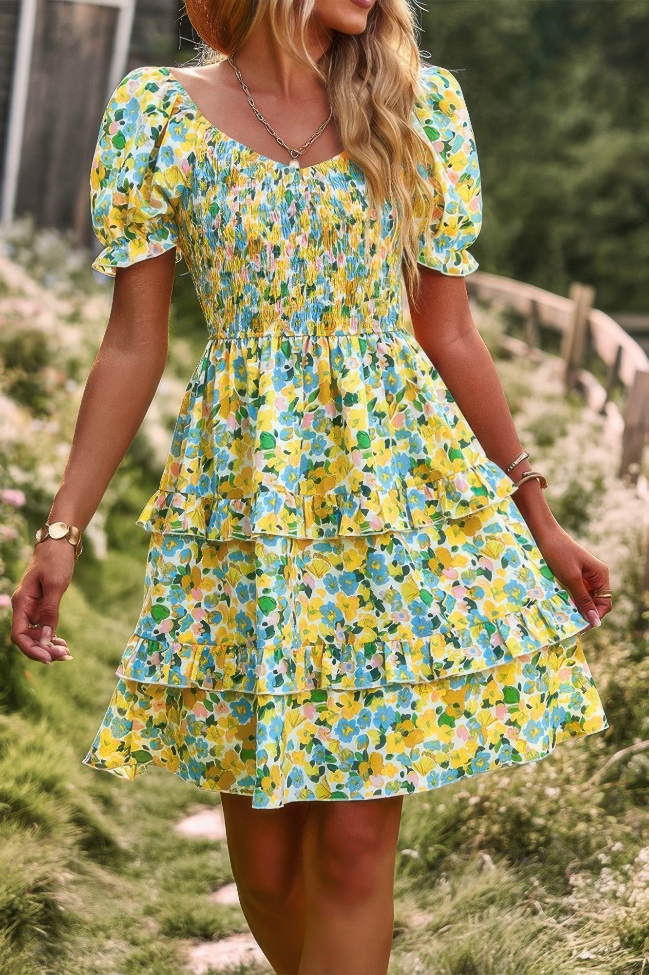 floral print off shoulder dress CCWHOLESALECLOTHING yellow blue tiered ruffle mini with smocked bodice and puff sleeves