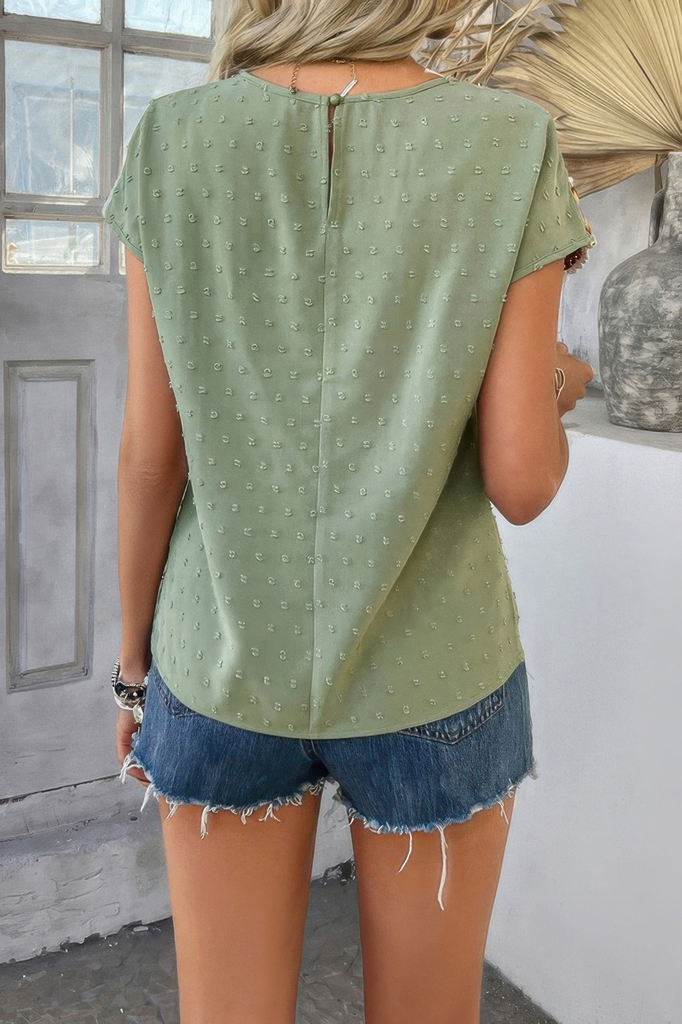 CCWHOLESALECLOTHING green Swiss dot crochet patchwork shirt back view with keyhole button and short sleeves