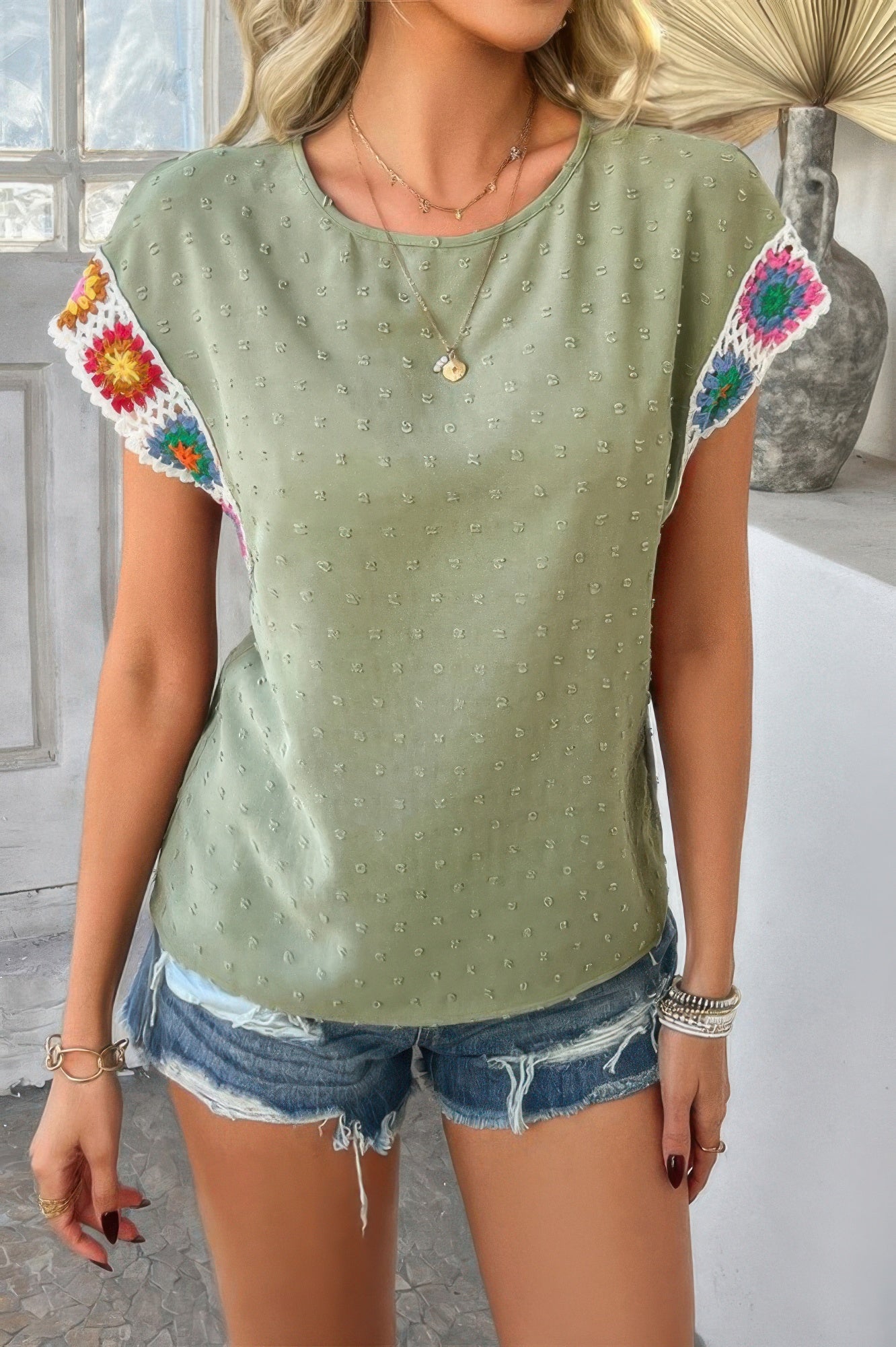 Swiss dot crochet patchwork shirt olive green short sleeve blouse with colorful crochet floral sleeves