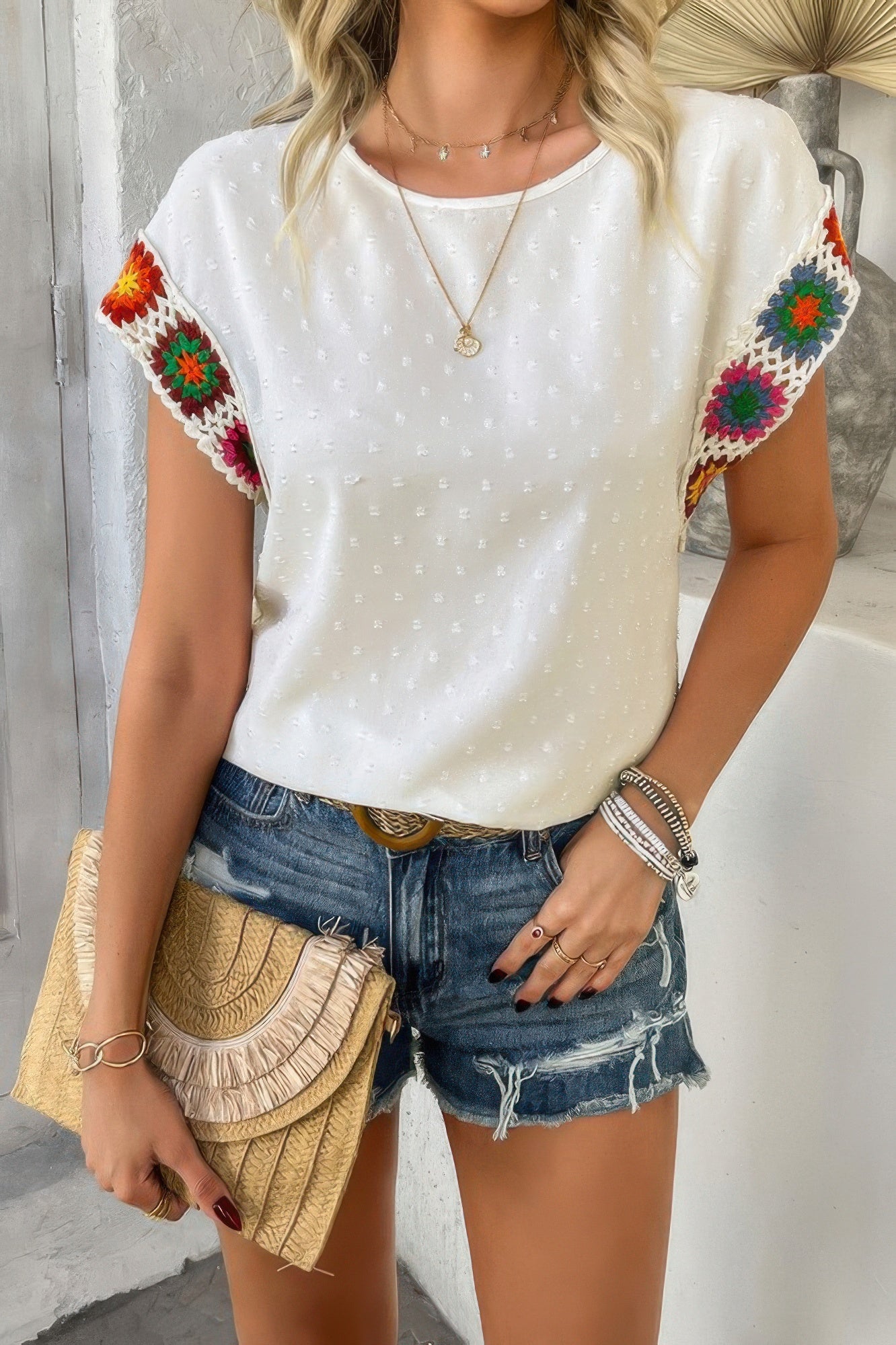CCWHOLESALECLOTHING Swiss dot crochet patchwork shirt white textured top with multicolor crochet sleeves