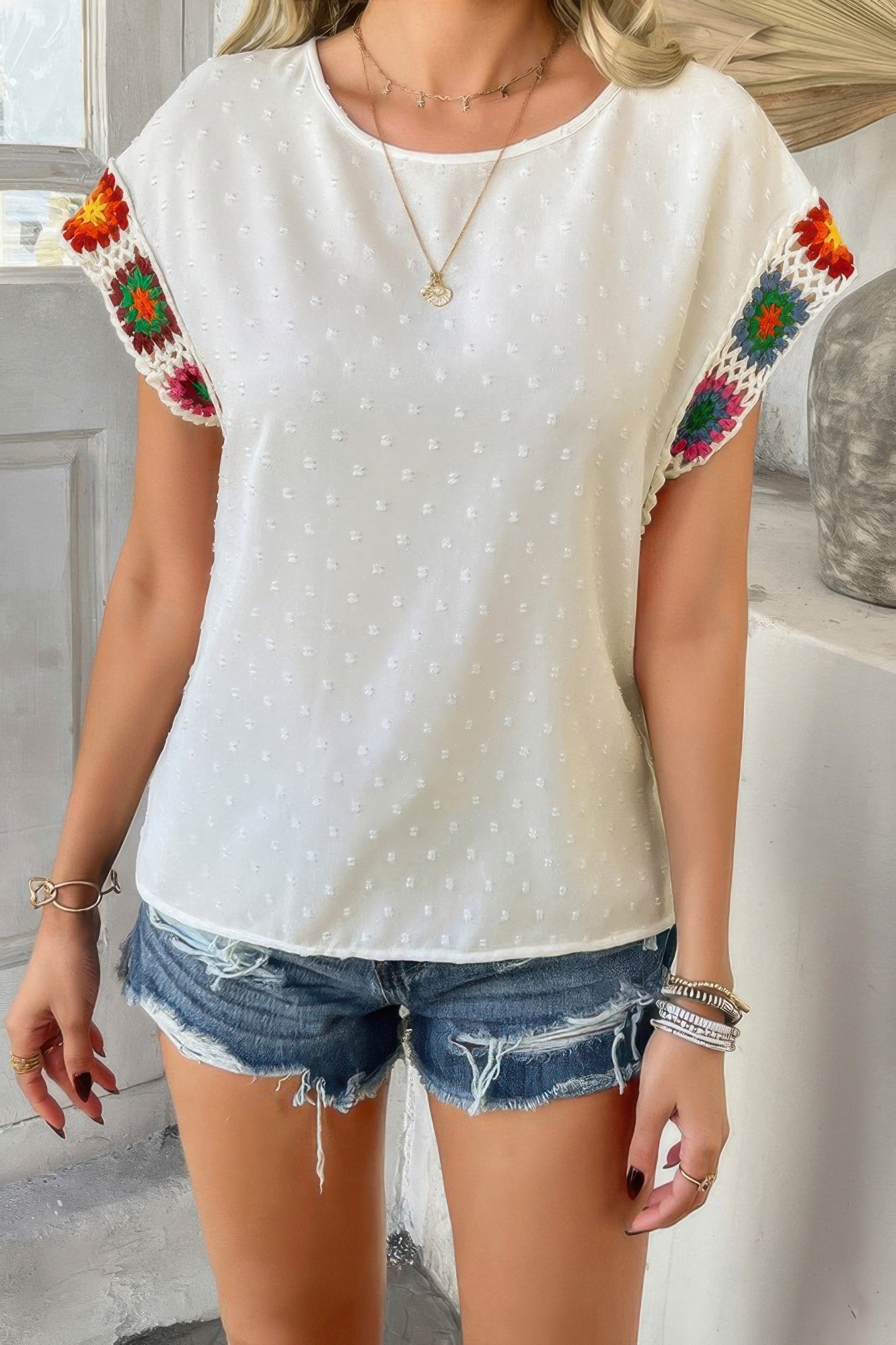 Swiss dot crochet patchwork shirt white relaxed blouse with colorful crochet sleeve panels casual summer top