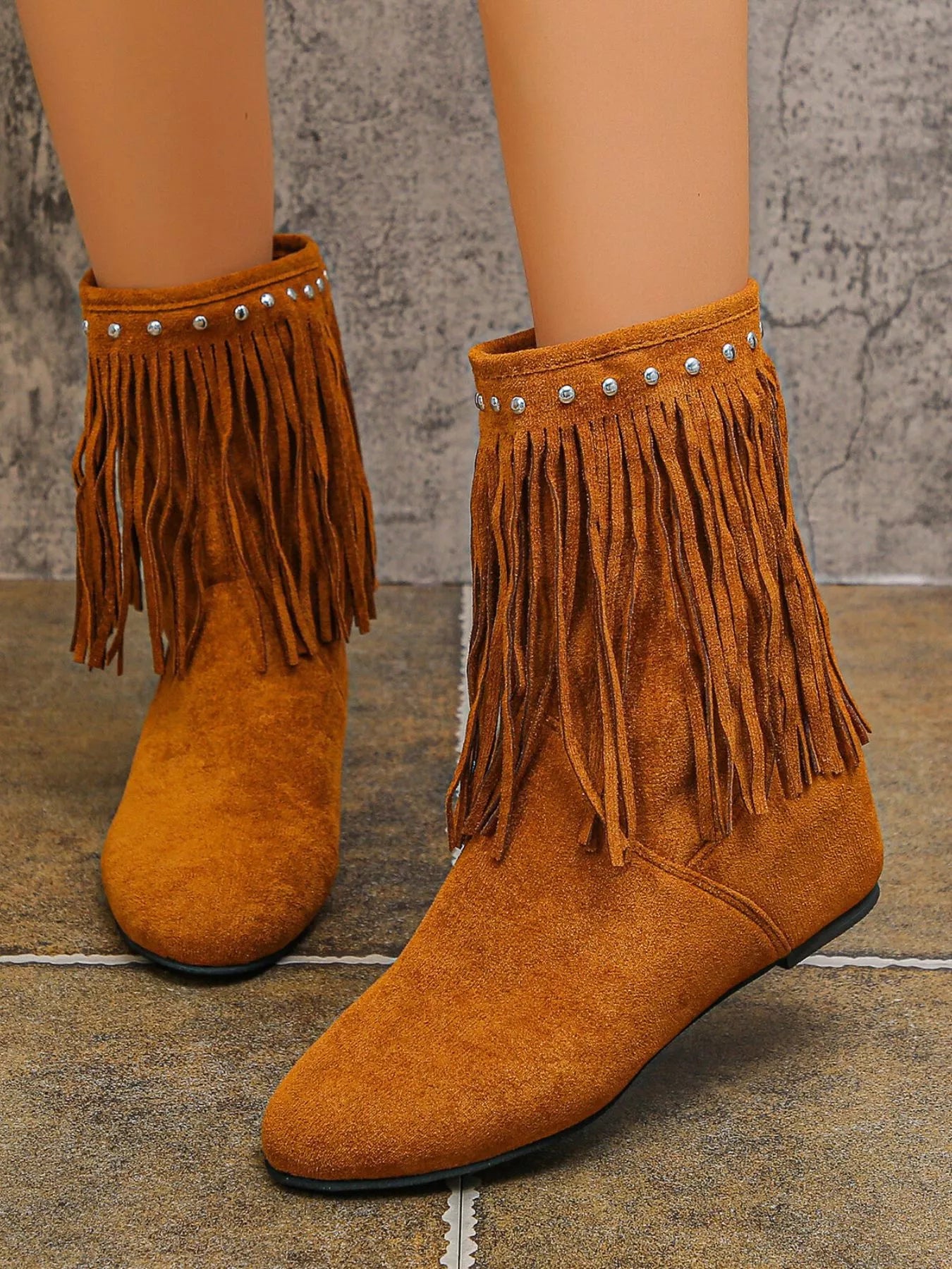 Trendsi Western Style Ankle Boots in tan suede with fringe and stud trim flat casual ankle boot