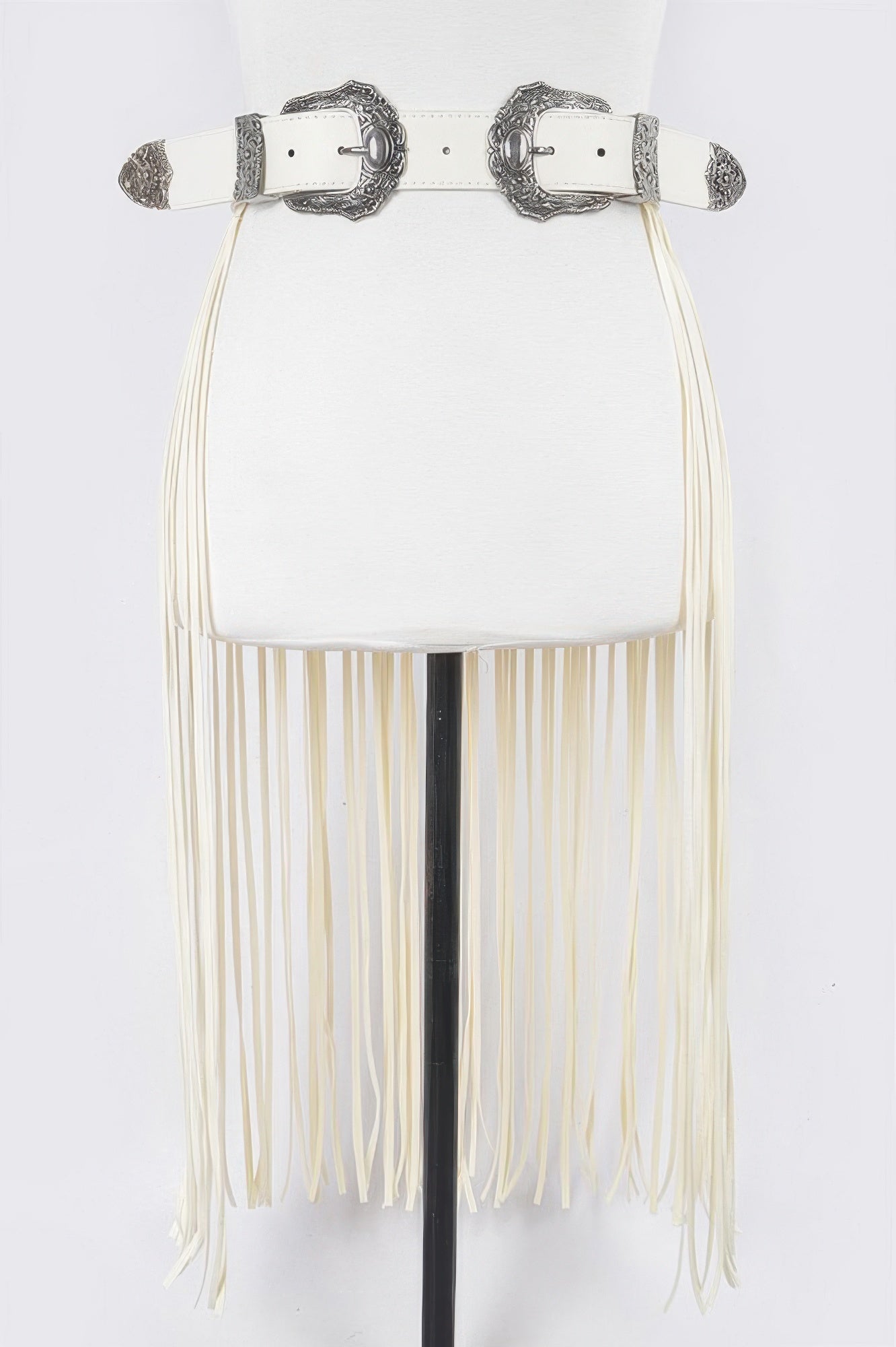 White double buckle fringe belt by CCWHOLESALECLOTHING with silver western buckles and long cream fringe