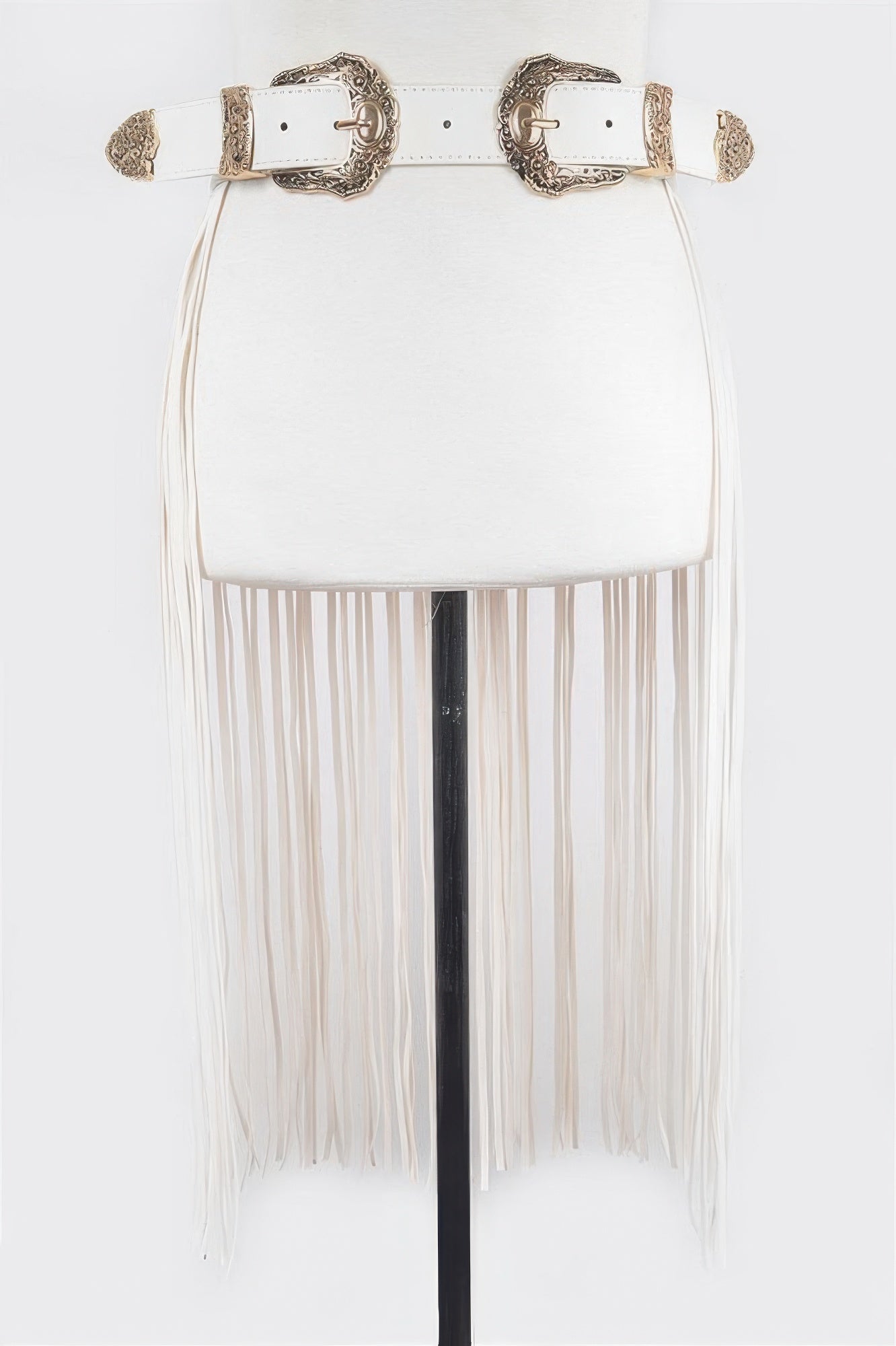 White leather double buckle fringe belt with gold engraved buckles and long tassel fringe for waist
