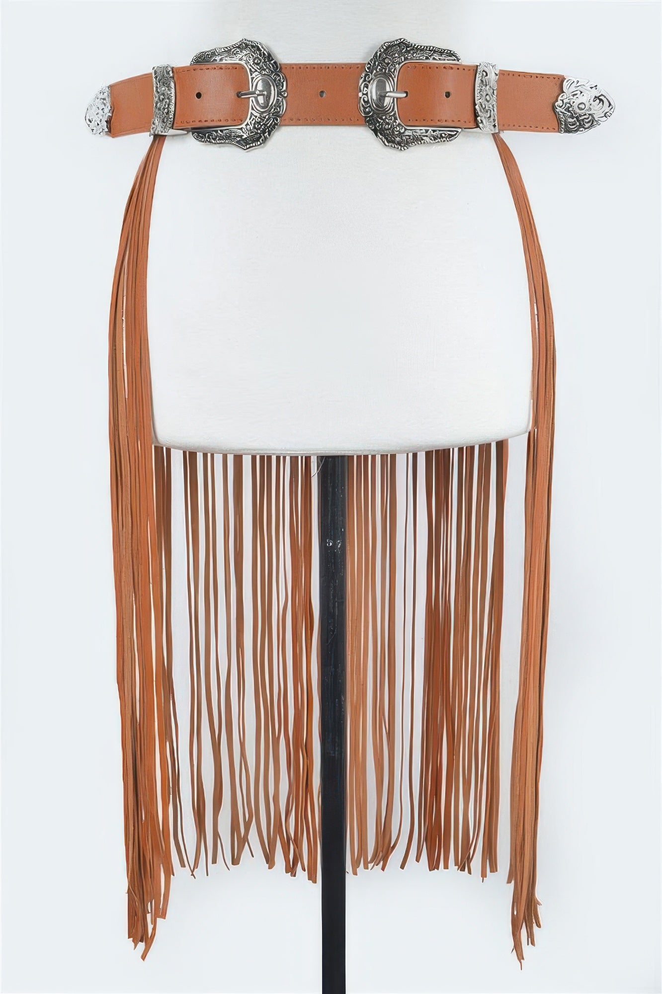 CCWHOLESALECLOTHING double buckle fringe belt tan leather with silver western buckles and long side fringe