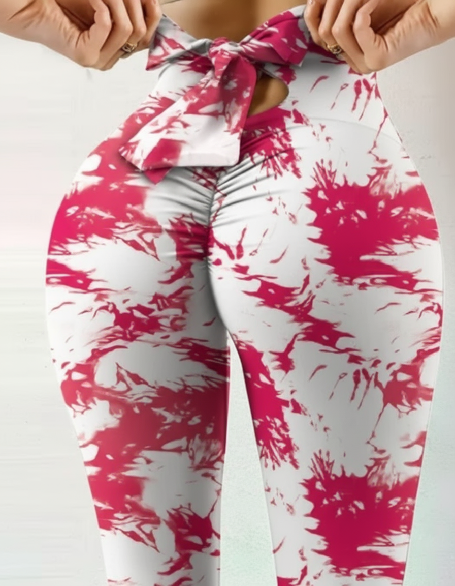 CJ Booty Lifting Leggings in Pink and White Tie-Dye with Bow Detail for a Stylish Look