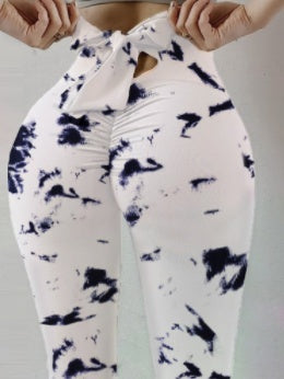 CJ Booty Lifting Leggings in White with Navy Tie-Dye Design and High-Waisted Fit