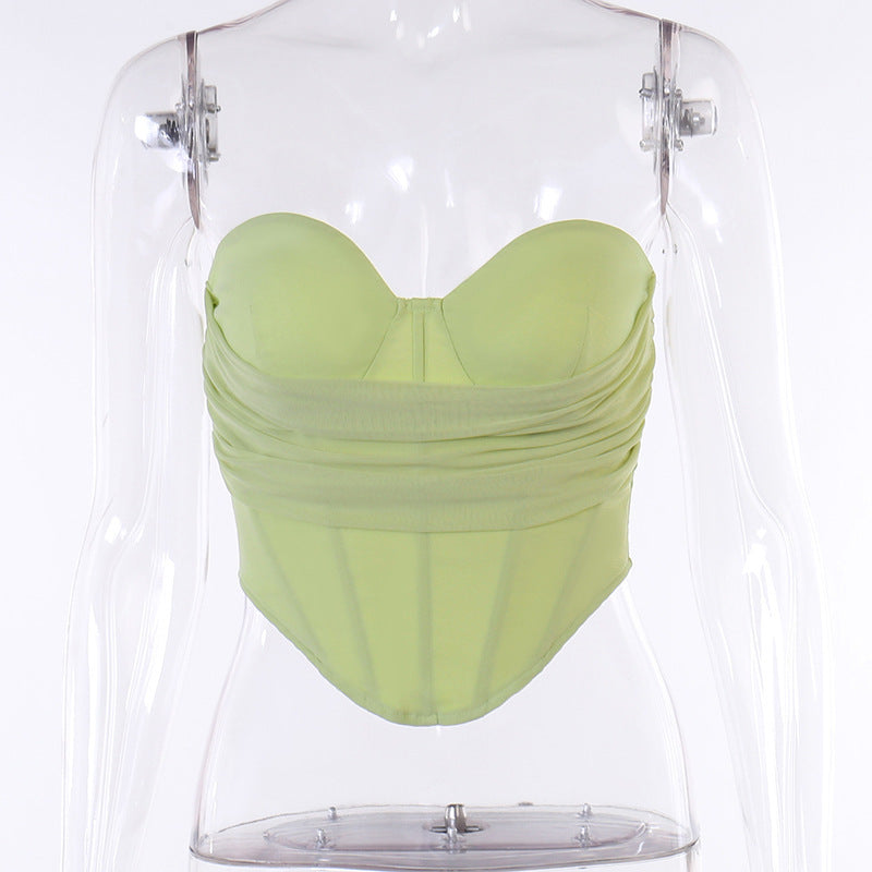 Trendsi lime green Sweetheart Corset Top strapless ruched mesh with molded cups and visible boning on clear mannequin