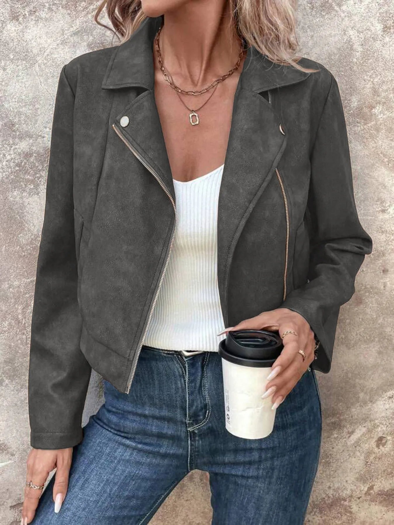 Trendsi women's suede moto jacket in charcoal gray cropped zip front with lapel collar styled with jeans