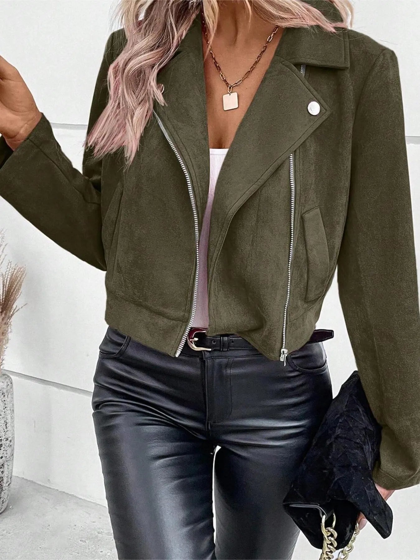 Trendsi women's suede moto jacket in olive green cropped style with asymmetrical zipper and silver hardware