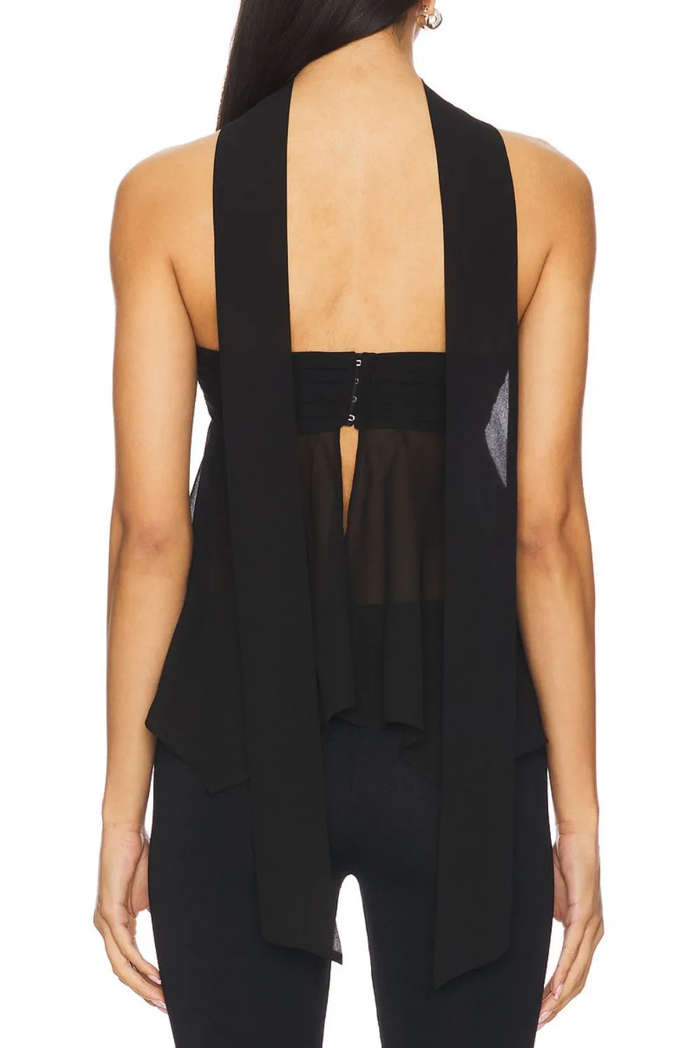 Back view of Trendsi Strapless Mesh Top Set in black with mesh panel hook closure and long draped ties