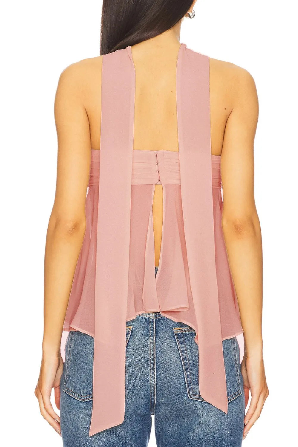 Trendsi Strapless Mesh Top Set back view dusty rose with flowing neck ties open back and high low hem