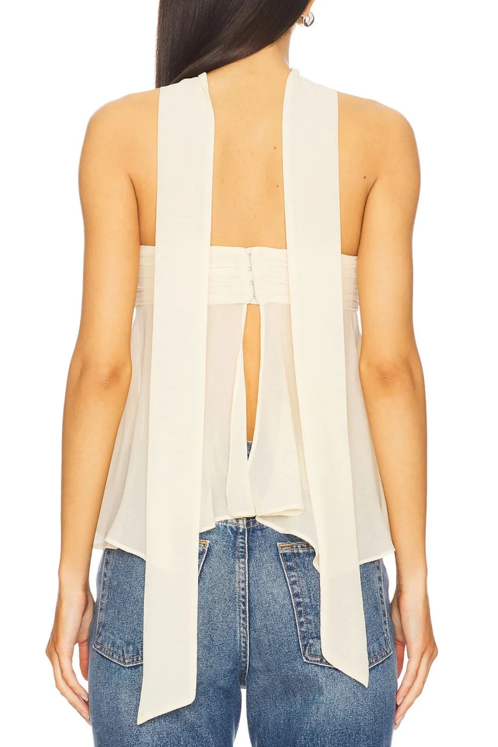 Trendsi Strapless Mesh Top Set back view ivory strapless top with long mesh ties paired with denim jeans