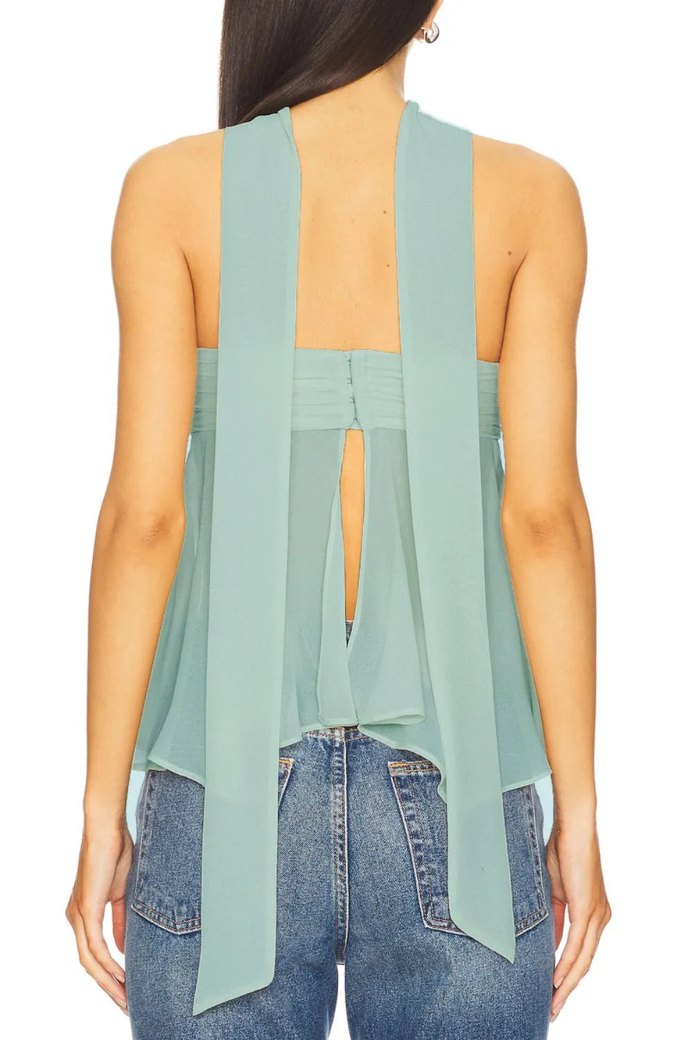 Trendsi Strapless Mesh Top Set back view in seafoam green showing draped long scarf ties over high waist jeans