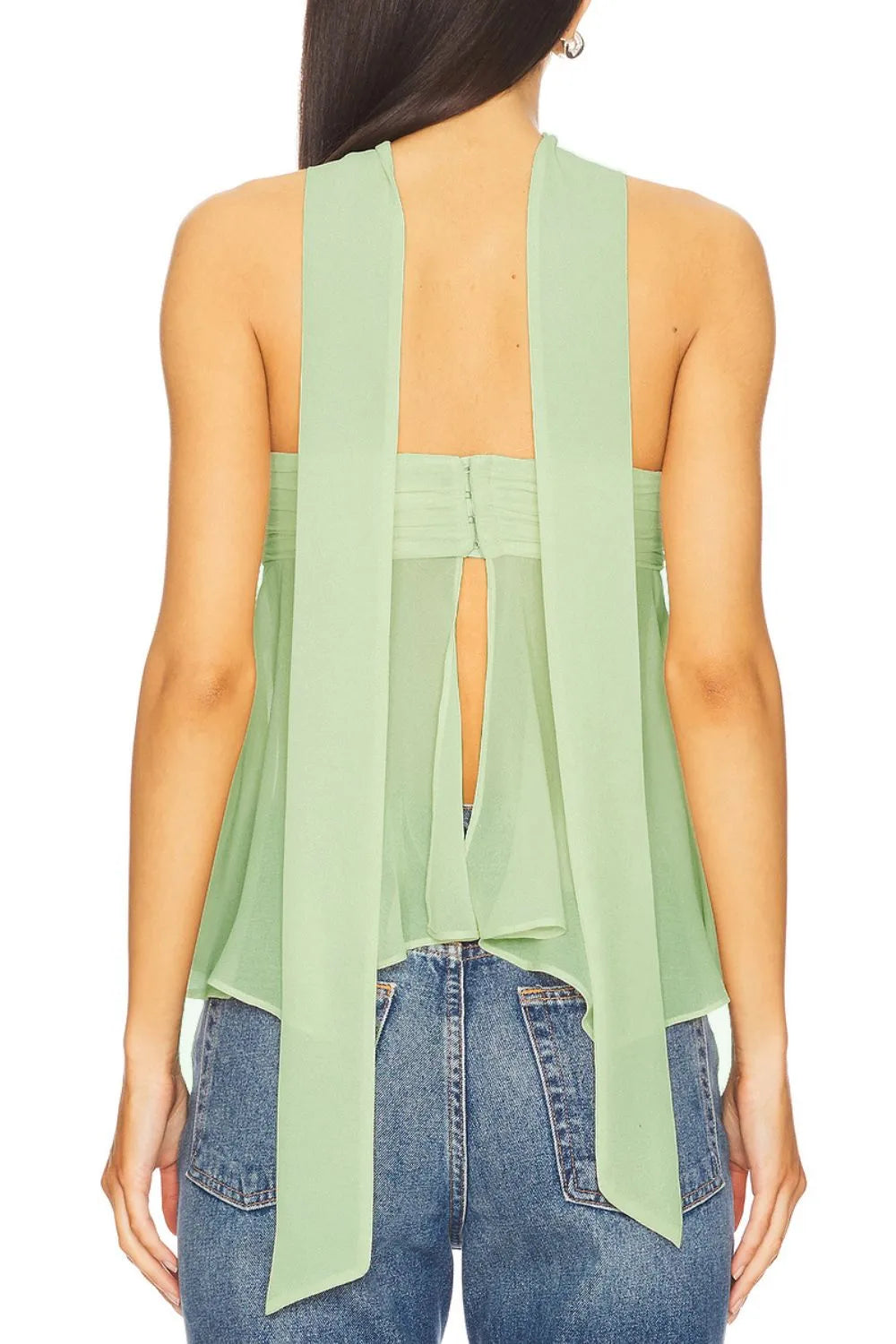 Trendsi Strapless Mesh Top Set sage green back view with long tied sashes flowing over blue jeans