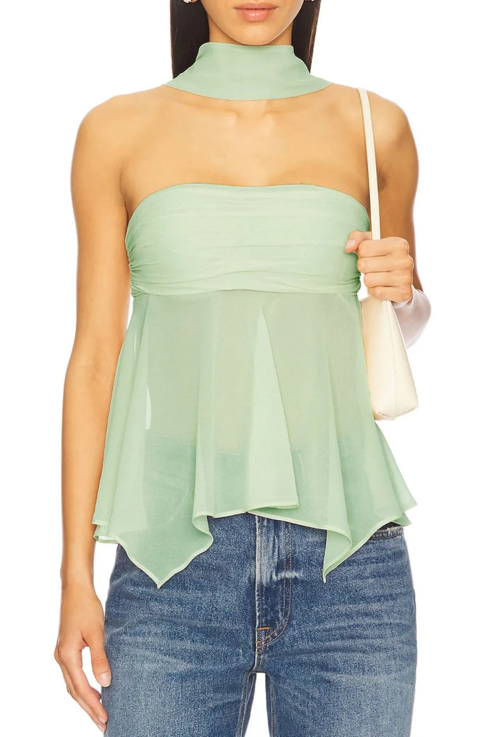Trendsi Strapless Mesh Top Set mint green sheer choker bandeau with flowy handkerchief hem paired with jeans