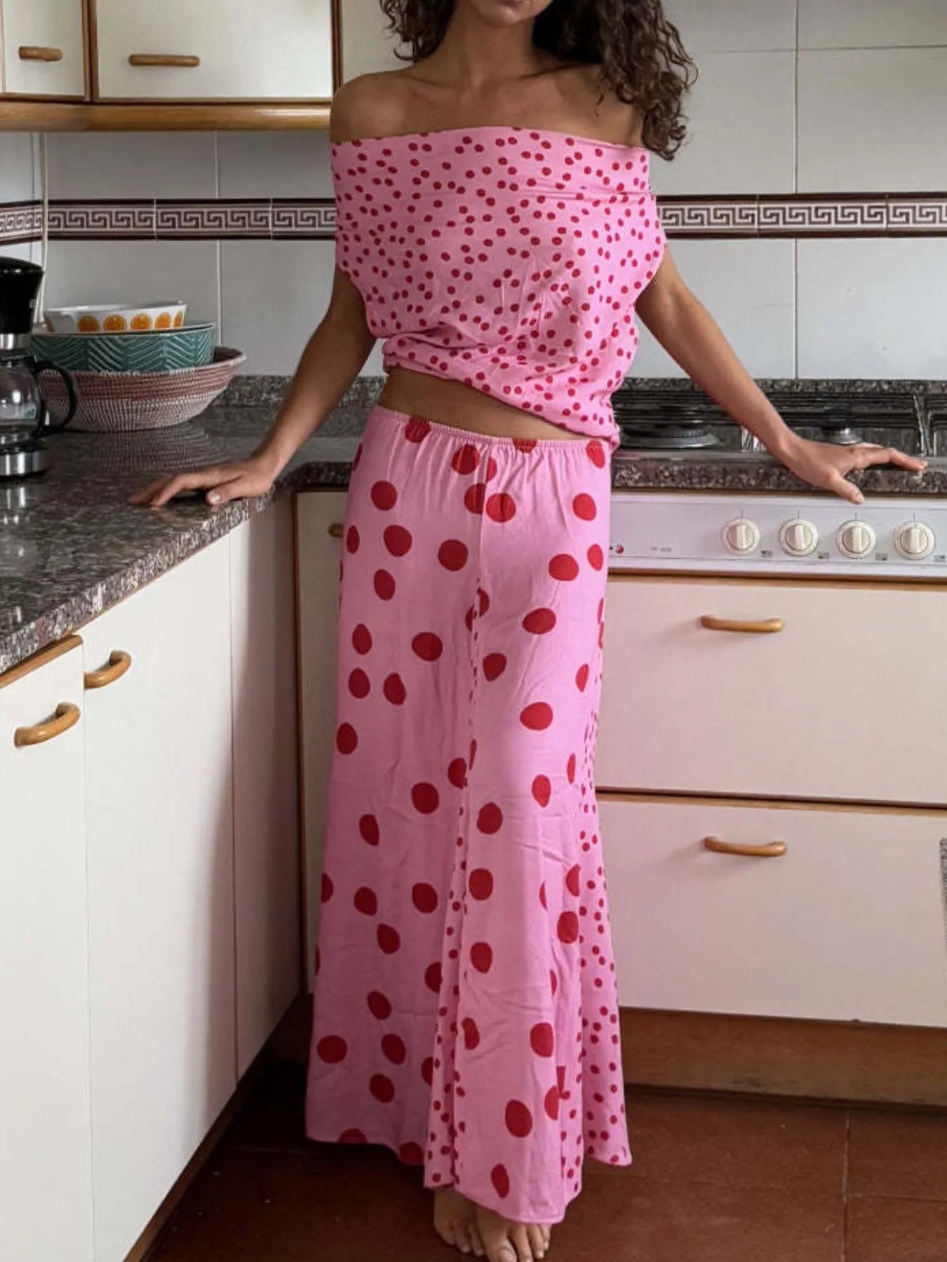 Trendsi Top and Maxi Skirt Set pink off shoulder crop top with elastic waist polka dot flowing maxi skirt