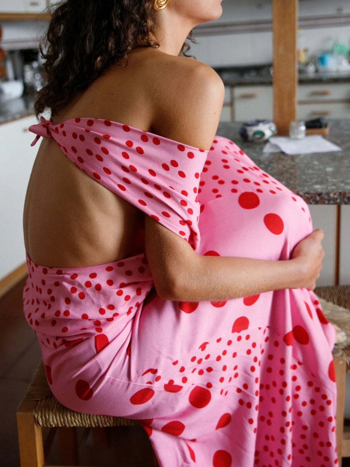 Trendsi pink polka dot off shoulder tie back Top and Maxi Skirt Set with open back and flowing silhouette