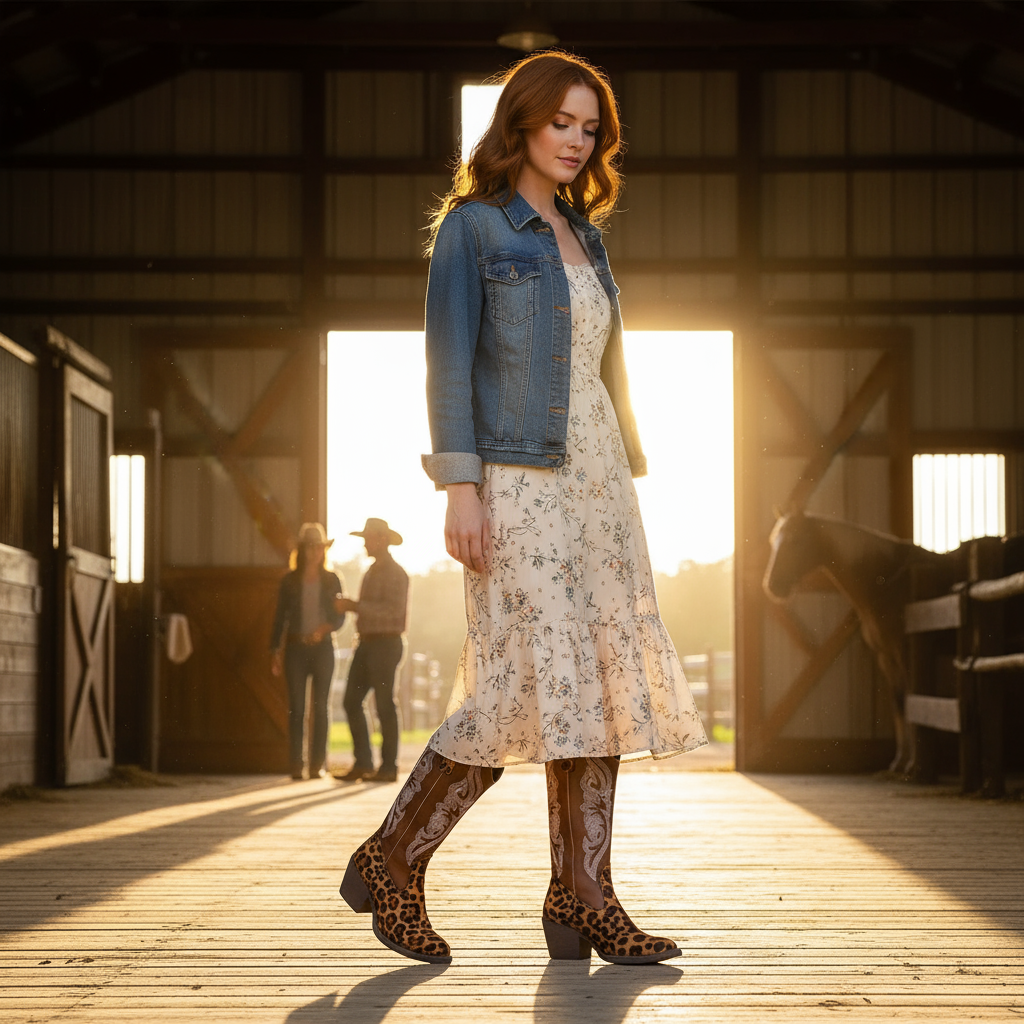 Brown embroidered cowgirl boots at ranch - redhead woman