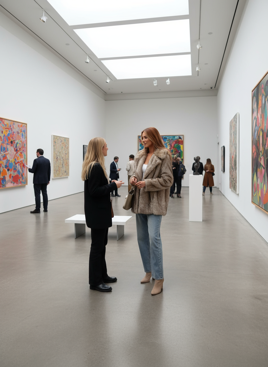 Brown faux fur jacket art gallery lifestyle