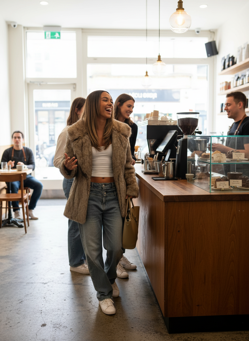 Brown faux fur jacket coffee shop lifestyle