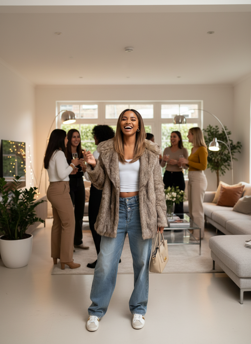 Brown faux fur jacket home party lifestyle