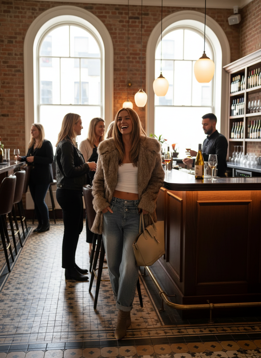 Brown faux fur jacket wine bar lifestyle