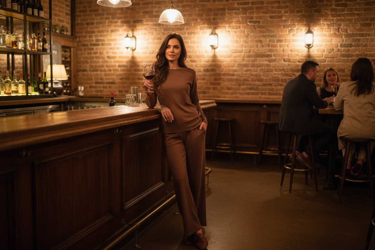 Brown two-piece set at wine bar - no reference