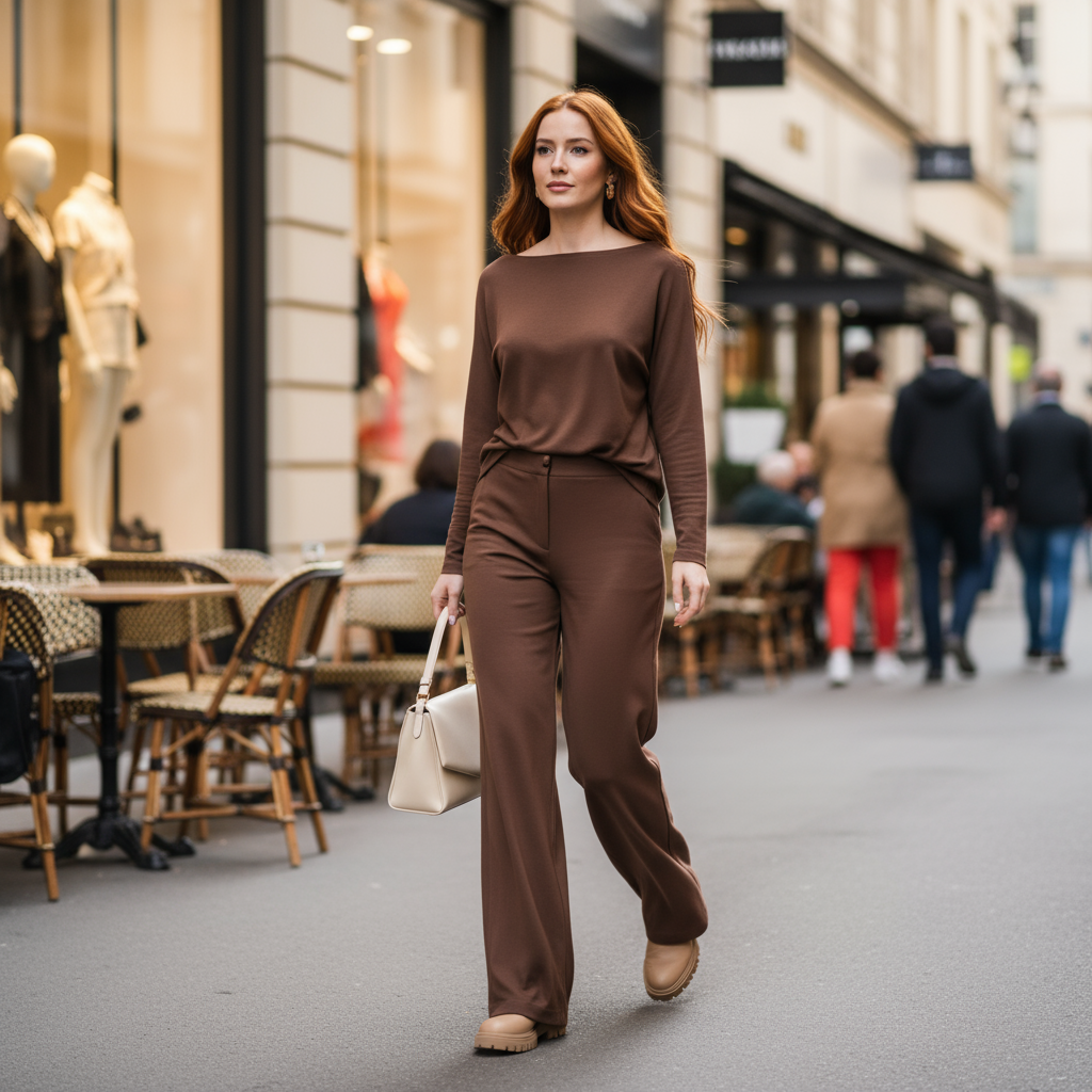 Brown two-piece set full body on city street