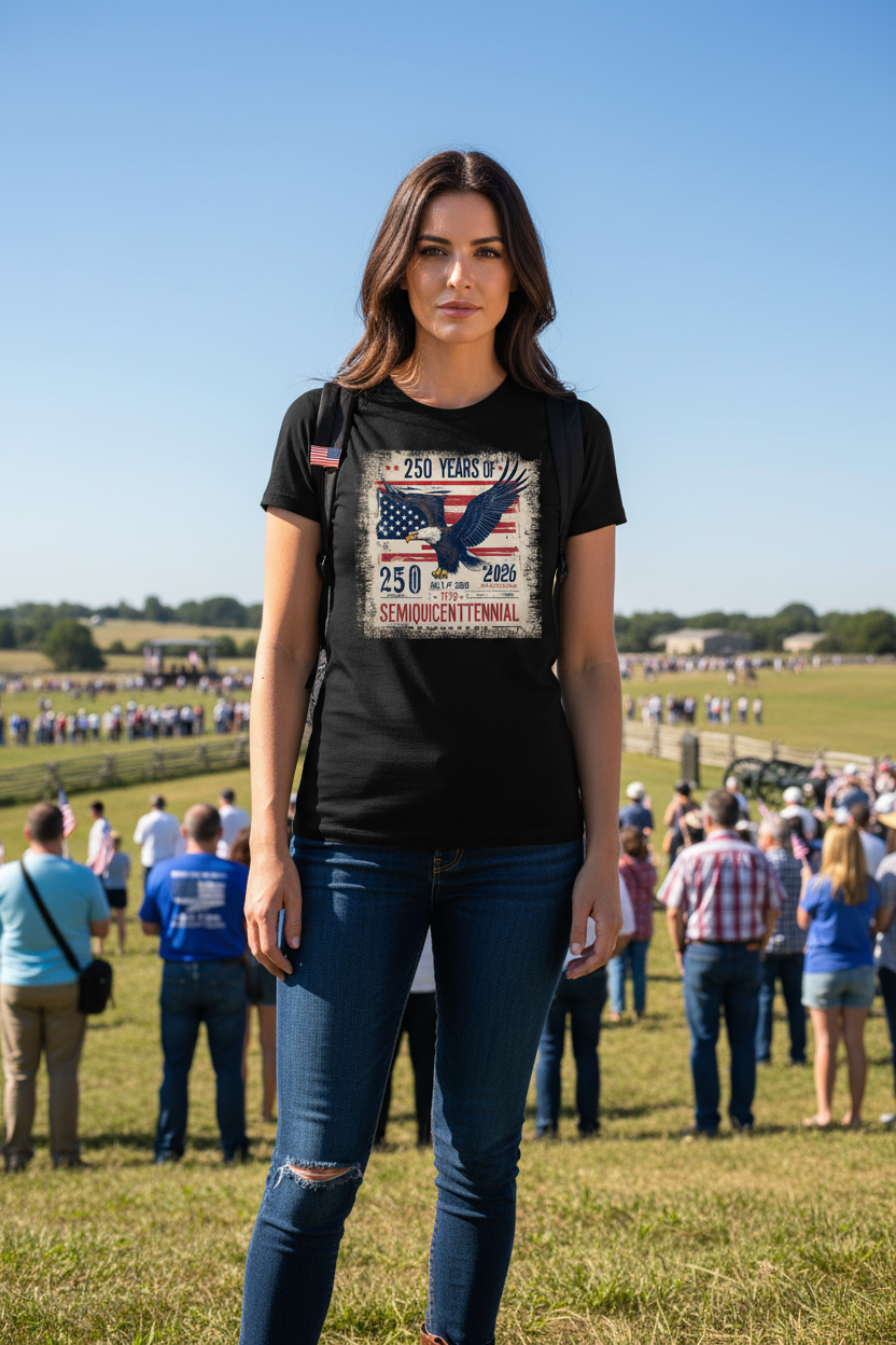 Brunette model in 250 Year Semiquincentennial t-shirt at Gettysburg