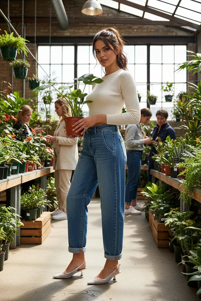 RISEN Barrel Jeans - Slouchy Cropped Cuffed Hem - Fashions Envy