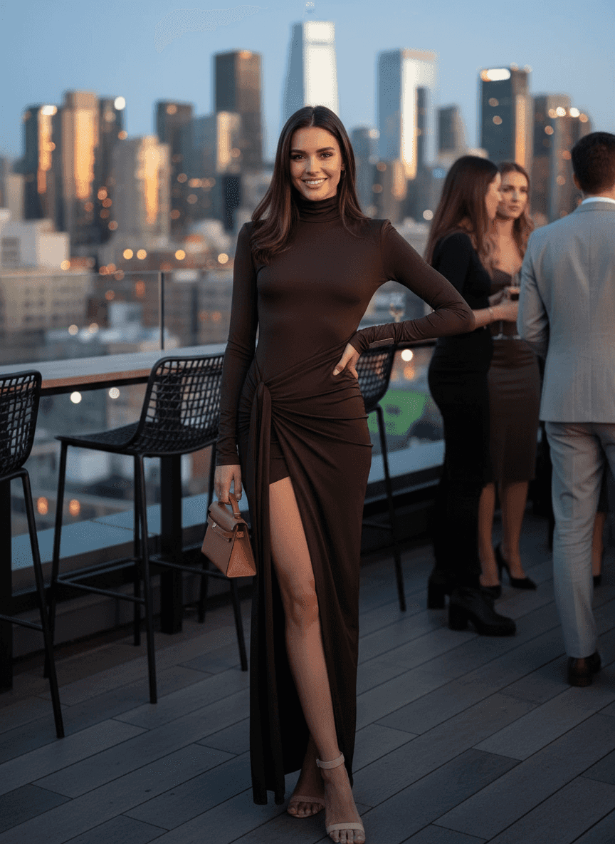 Turtleneck Maxi Dress - Long Sleeve Slit Tie Waist Style - Fashions Envy