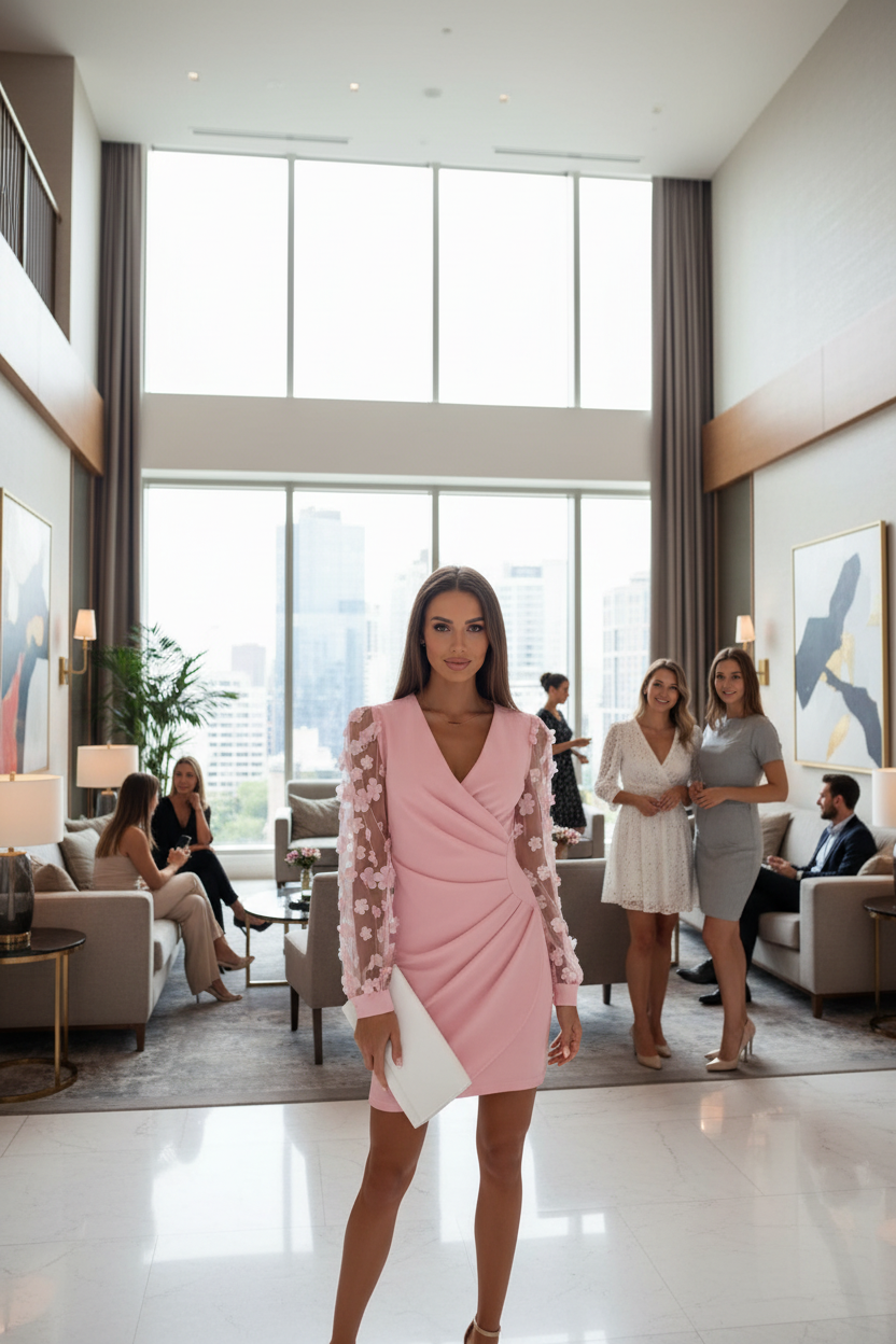 Brunette woman in lace bodycon mini dress at hotel lobby